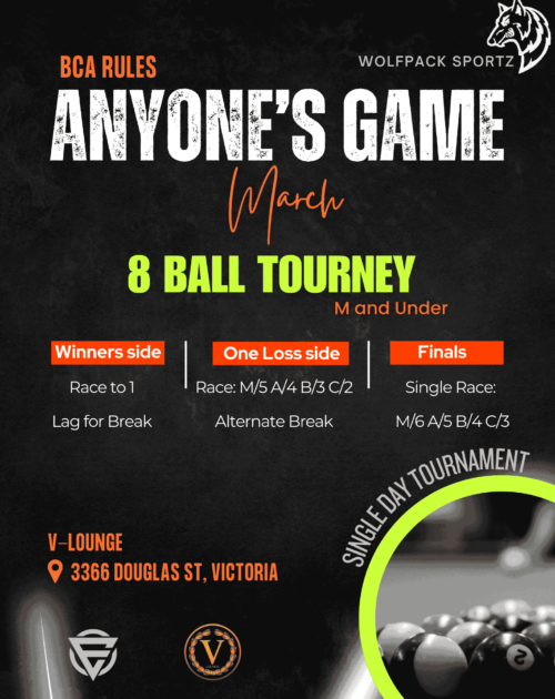 March Pool Tournament 8 ball, Anyone's Game tournament flyer