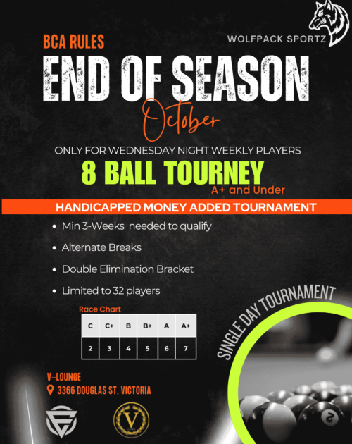 October Pool Tournament 8 ball, Season End money added tournament flyer