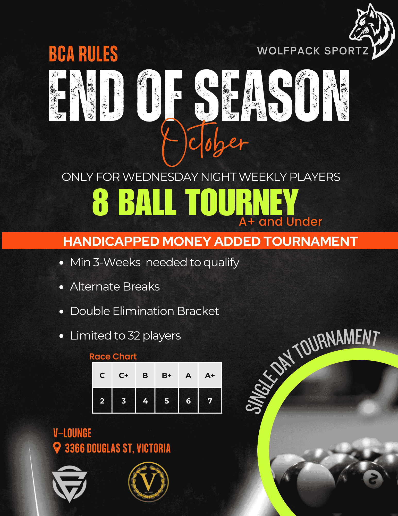 October Pool Tournament 8 ball, Season End money added tournament flyer