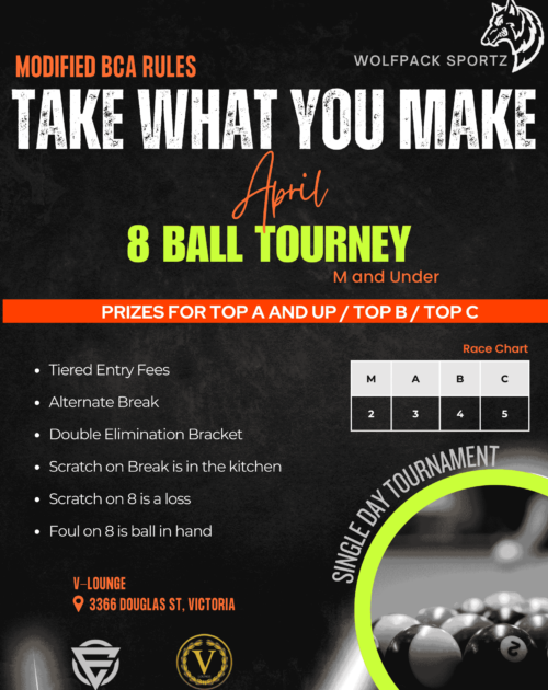 April Pool Tournament 8 ball, Take what you make flyer